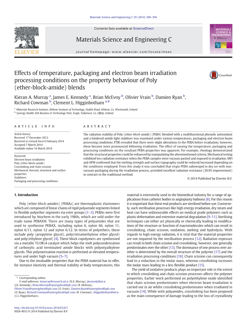 Effects of Temperature, Packaging and Electron Beam Irradiation Processing Conditions on the Property Behaviour of Poly (Ether-Block-Amide) Blends