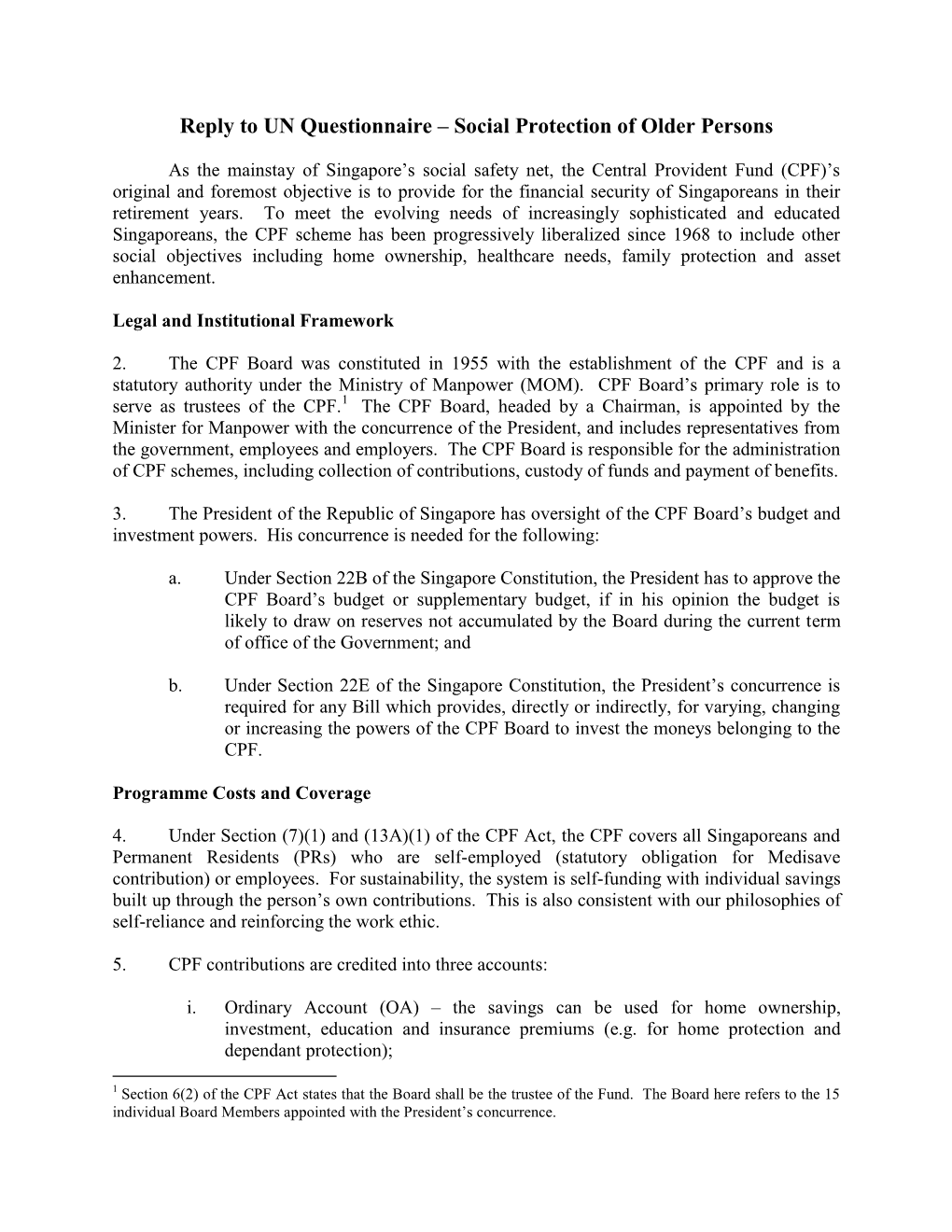 Outline for UN Questionnaire – Old Age Pension Programme in Singapore