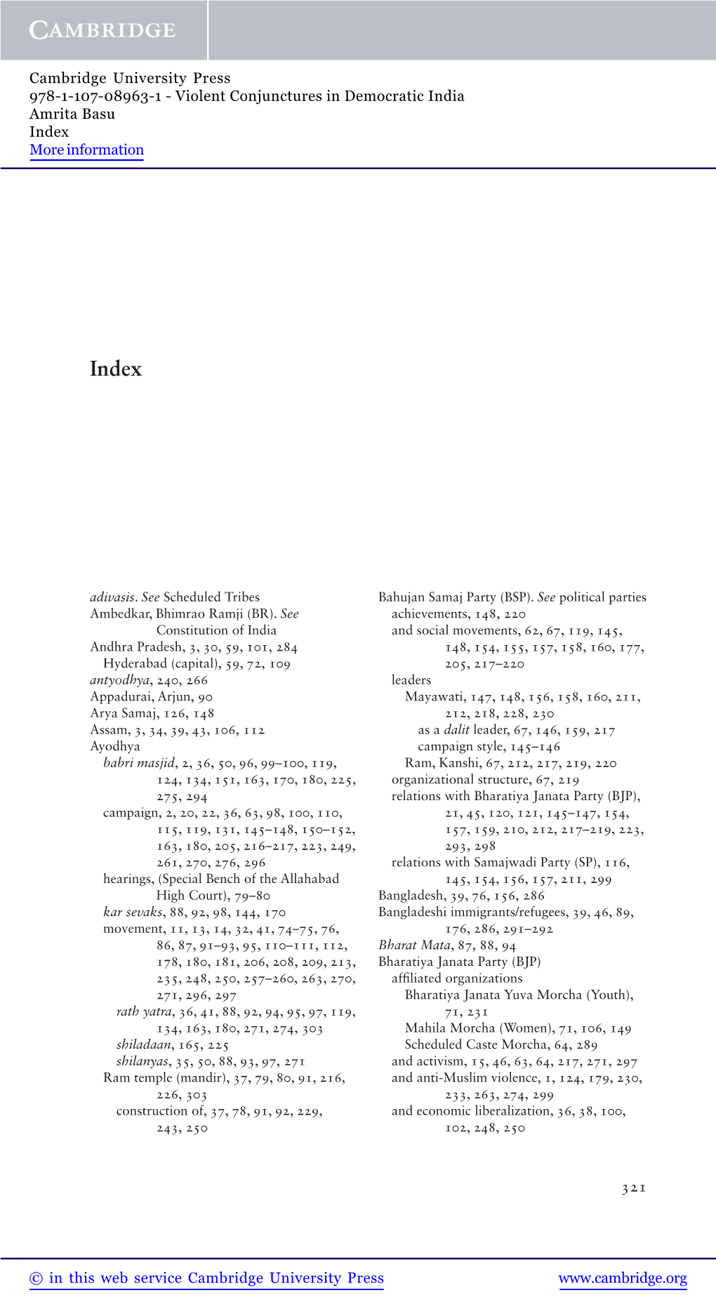 Violent Conjunctures in Democratic India Amrita Basu Index More Information