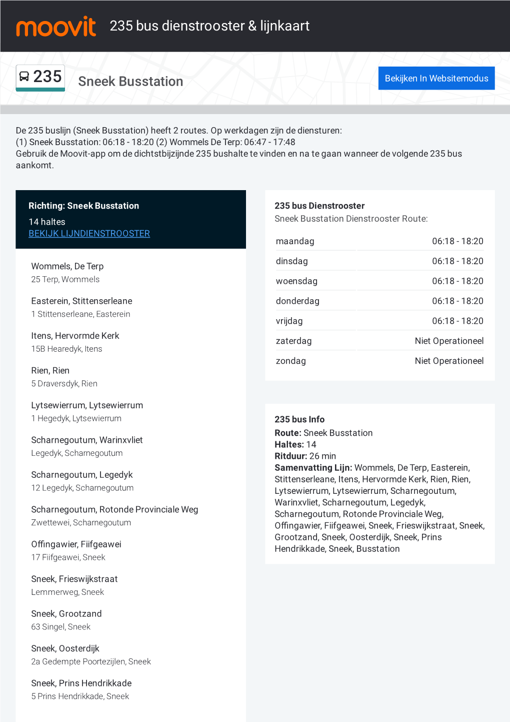 235 Bus Dienstrooster & Lijnroutekaart