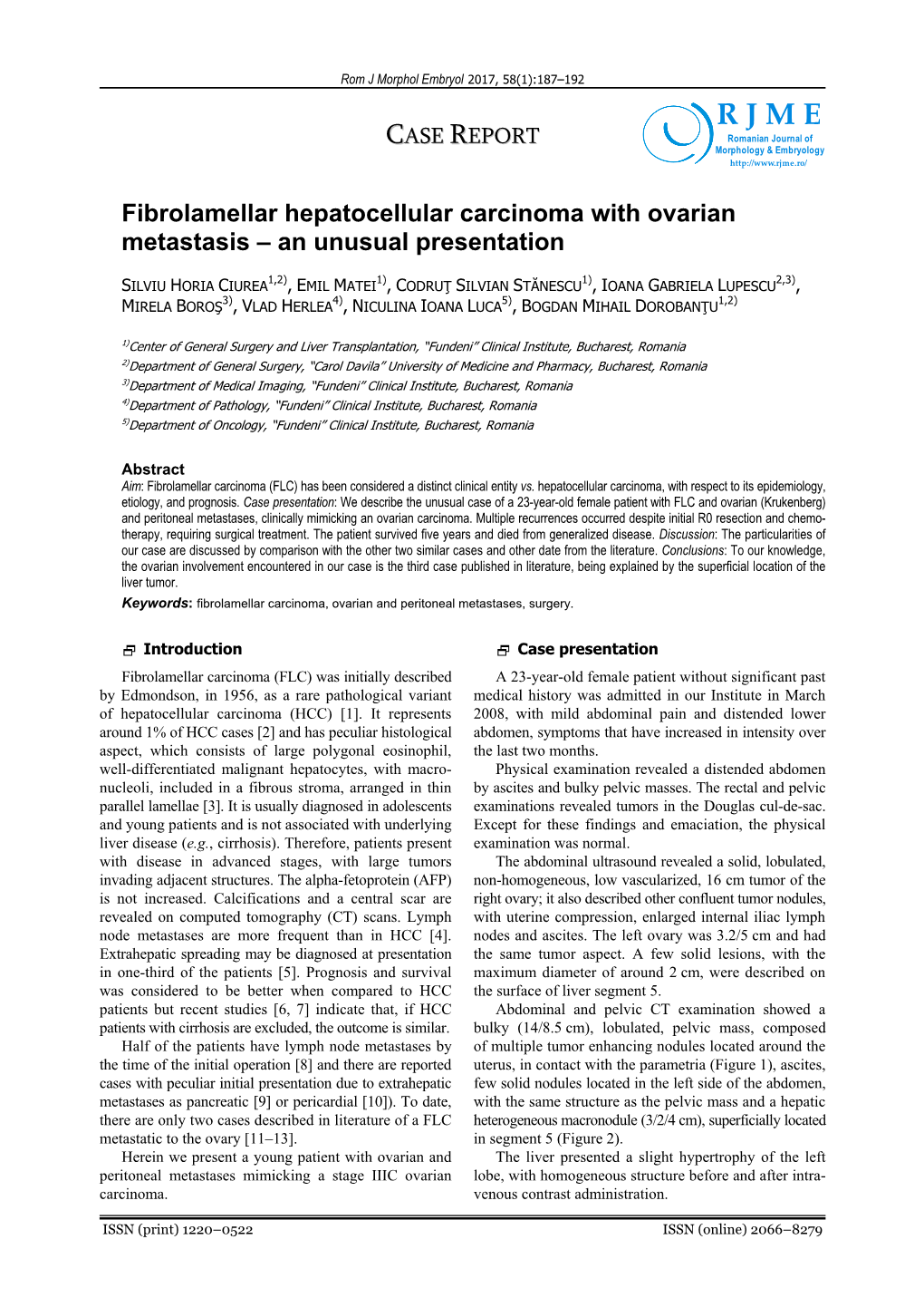 Fibrolamellar Hepatocellular Carcinoma with Ovarian Metastasis – an Unusual Presentation