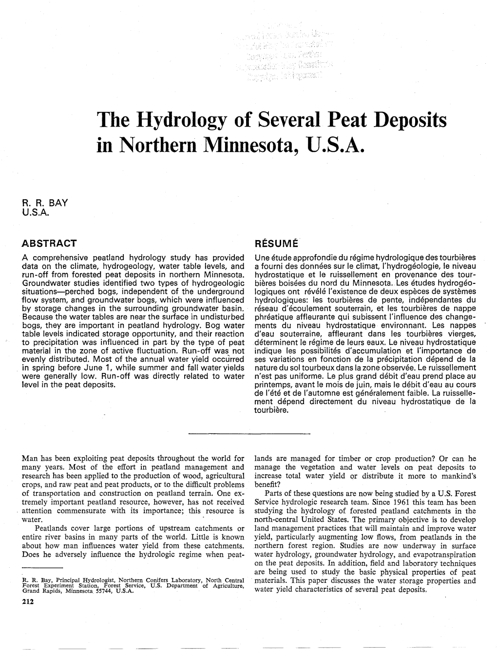 The Hydrology of Several Peat Deposits in Northern Minnesota, U.S.A