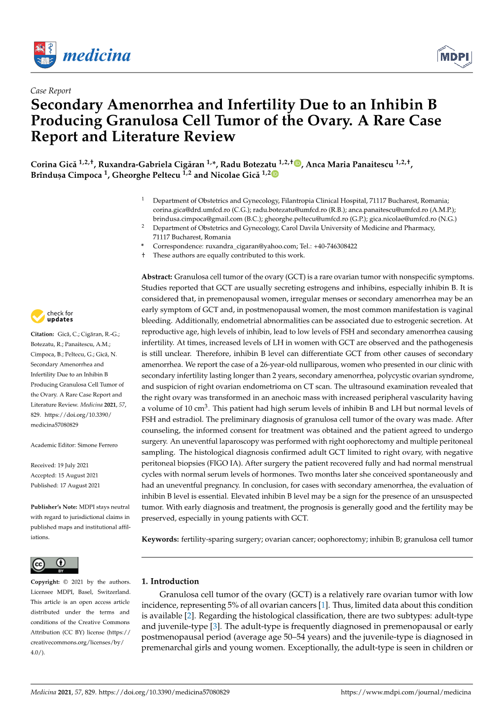 Secondary Amenorrhea and Infertility Due to an Inhibin B Producing Granulosa Cell Tumor of the Ovary