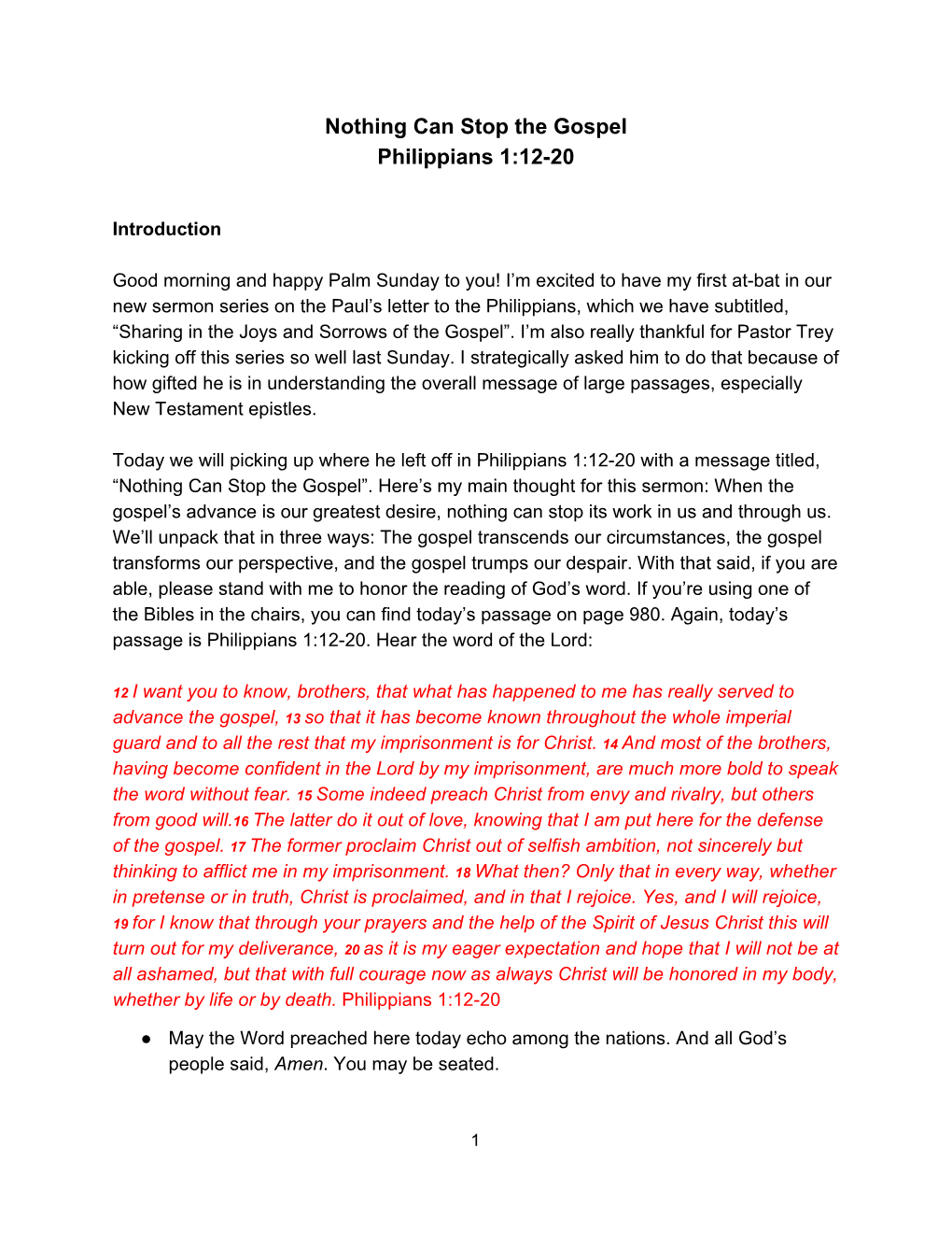 Nothing Can Stop the Gospel Philippians 1:12-20