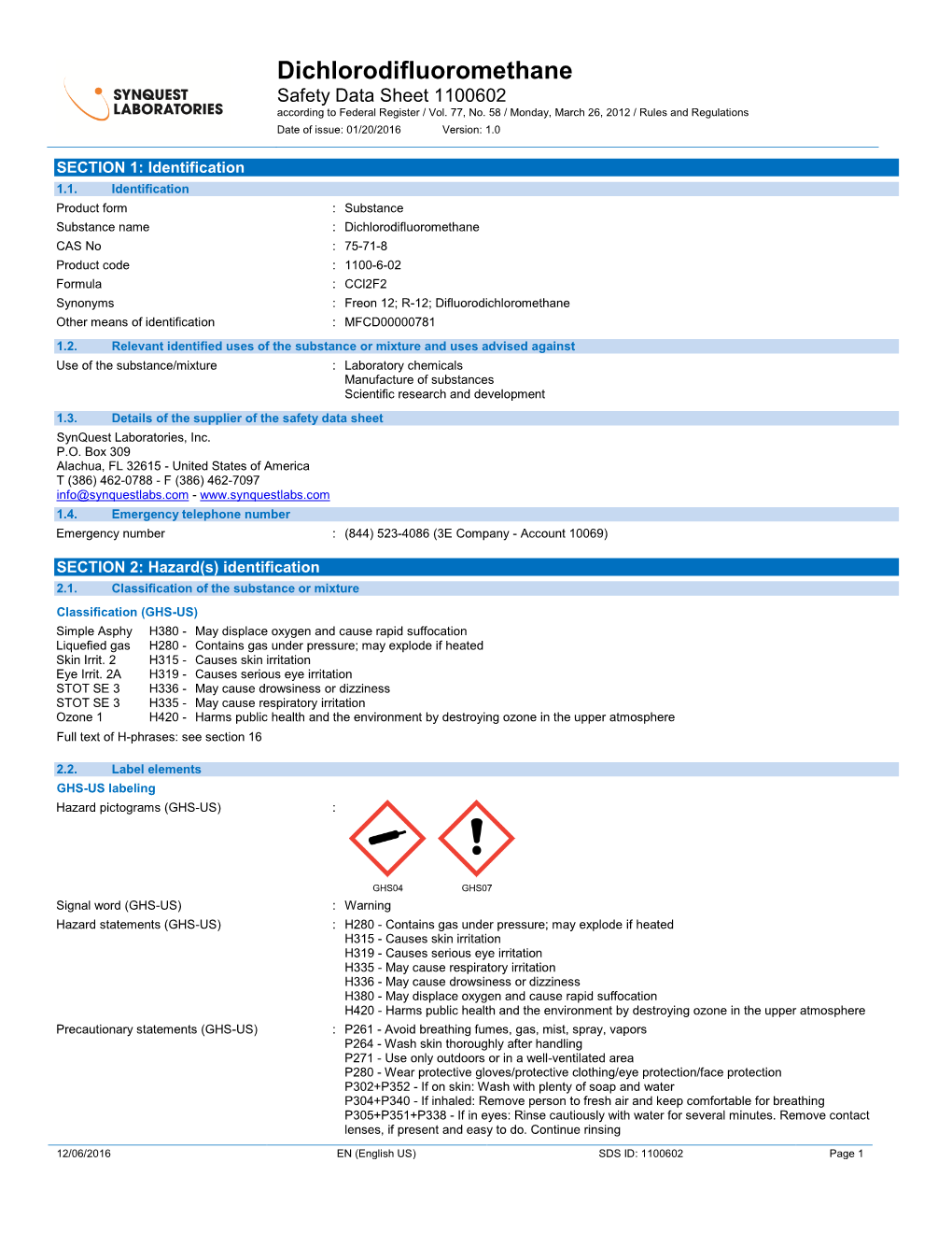 Dichlorodifluoromethane Safety Data Sheet 1100602 According to Federal Register / Vol