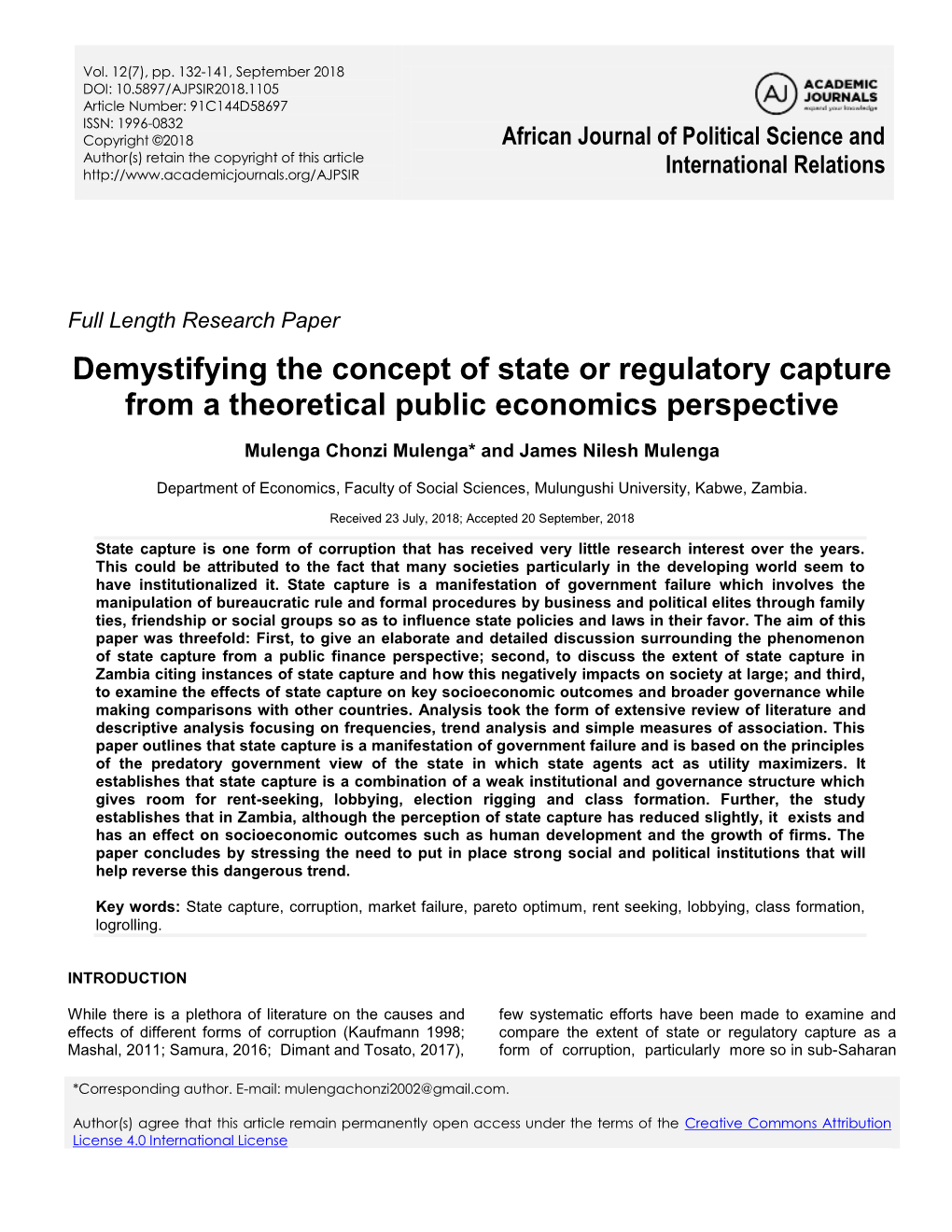 Demystifying the Concept of State Or Regulatory Capture from a Theoretical Public Economics Perspective