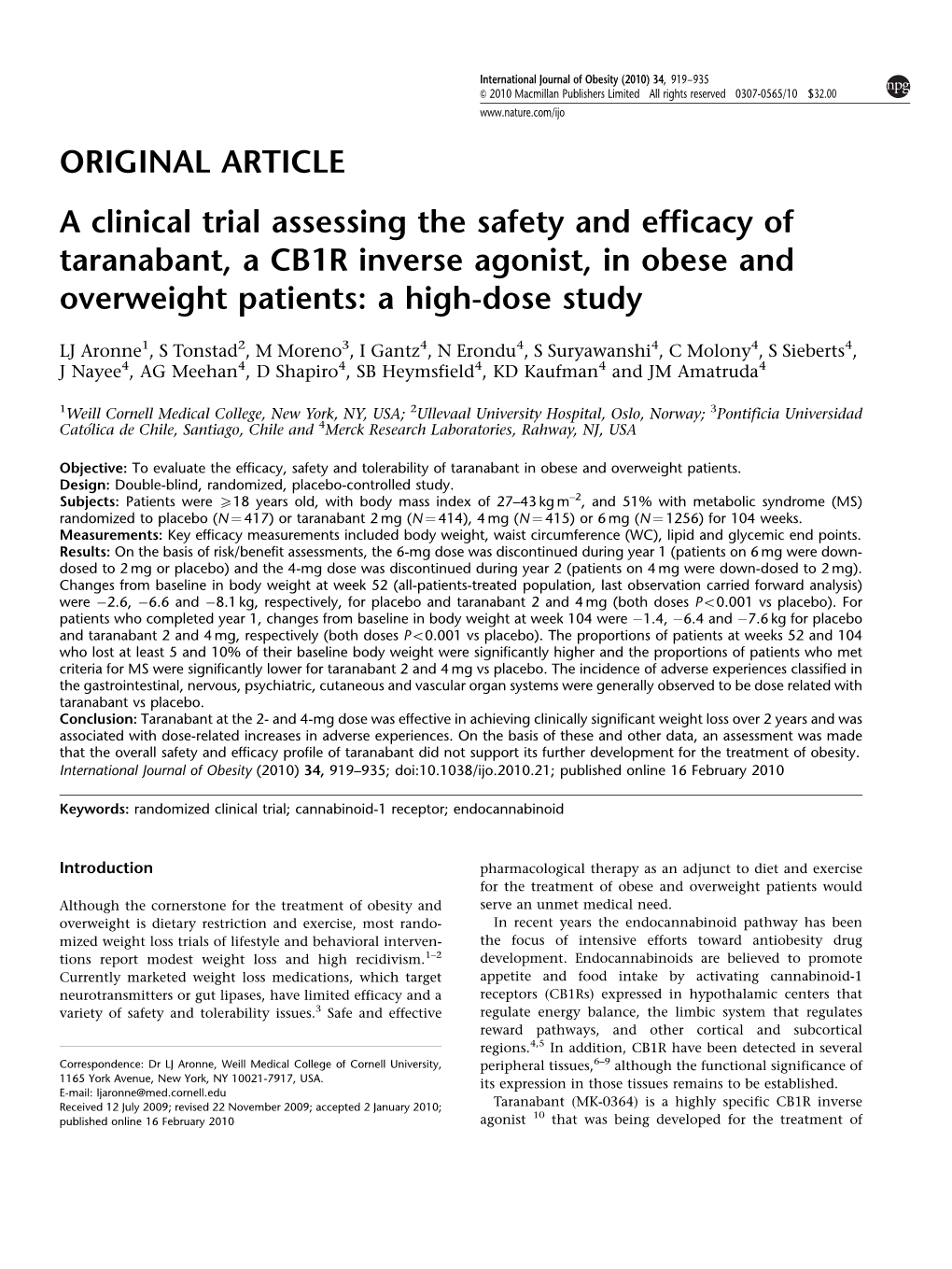 A Clinical Trial Assessing the Safety and Efficacy of Taranabant, a CB1R Inverse Agonist, in Obese and Overweight Patients: a High-Dose Study