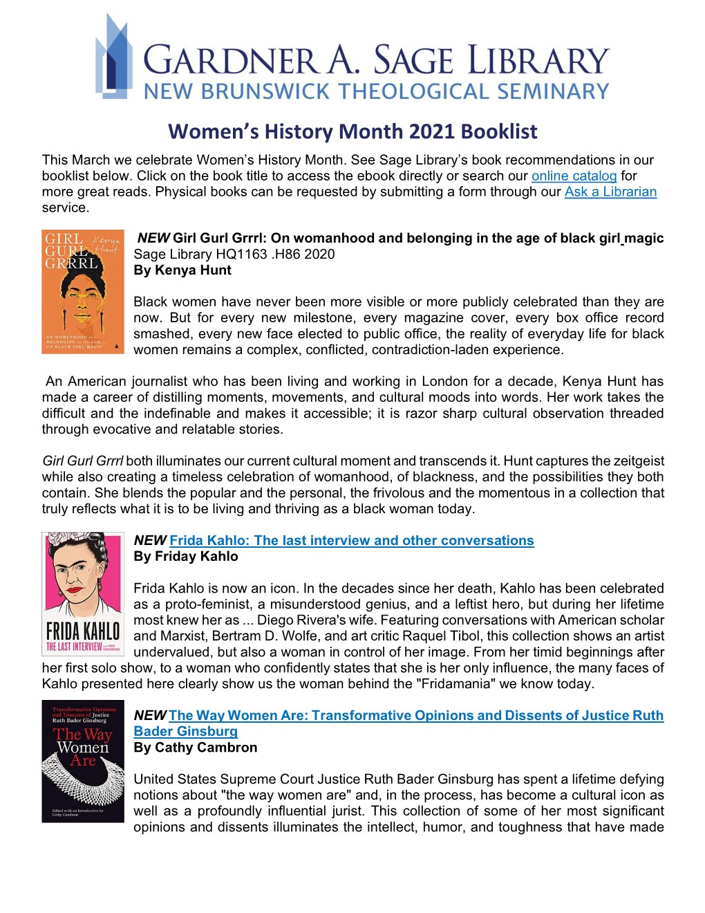 Women's History Month 2021 Booklist