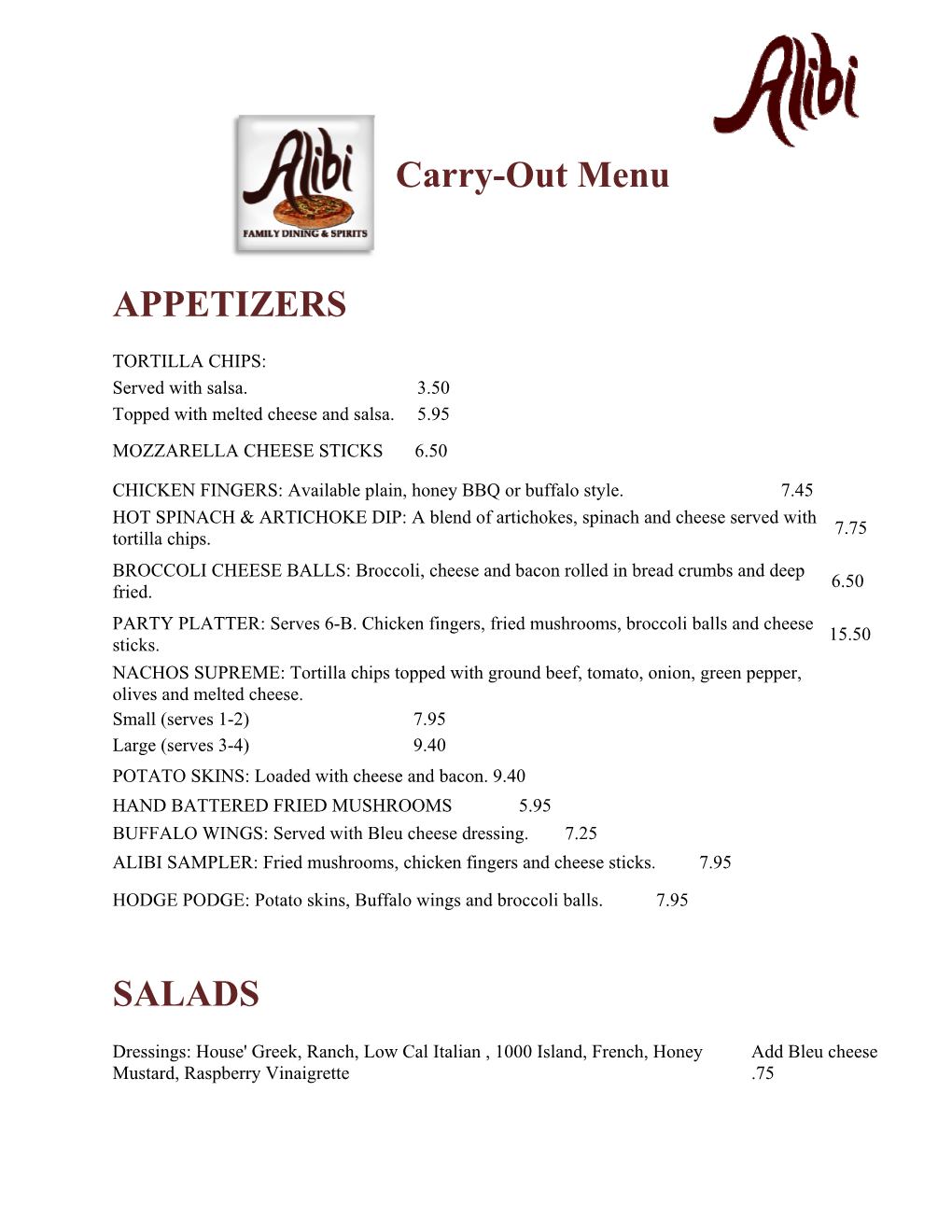 APPETIZERS SALADS Carry-Out Menu