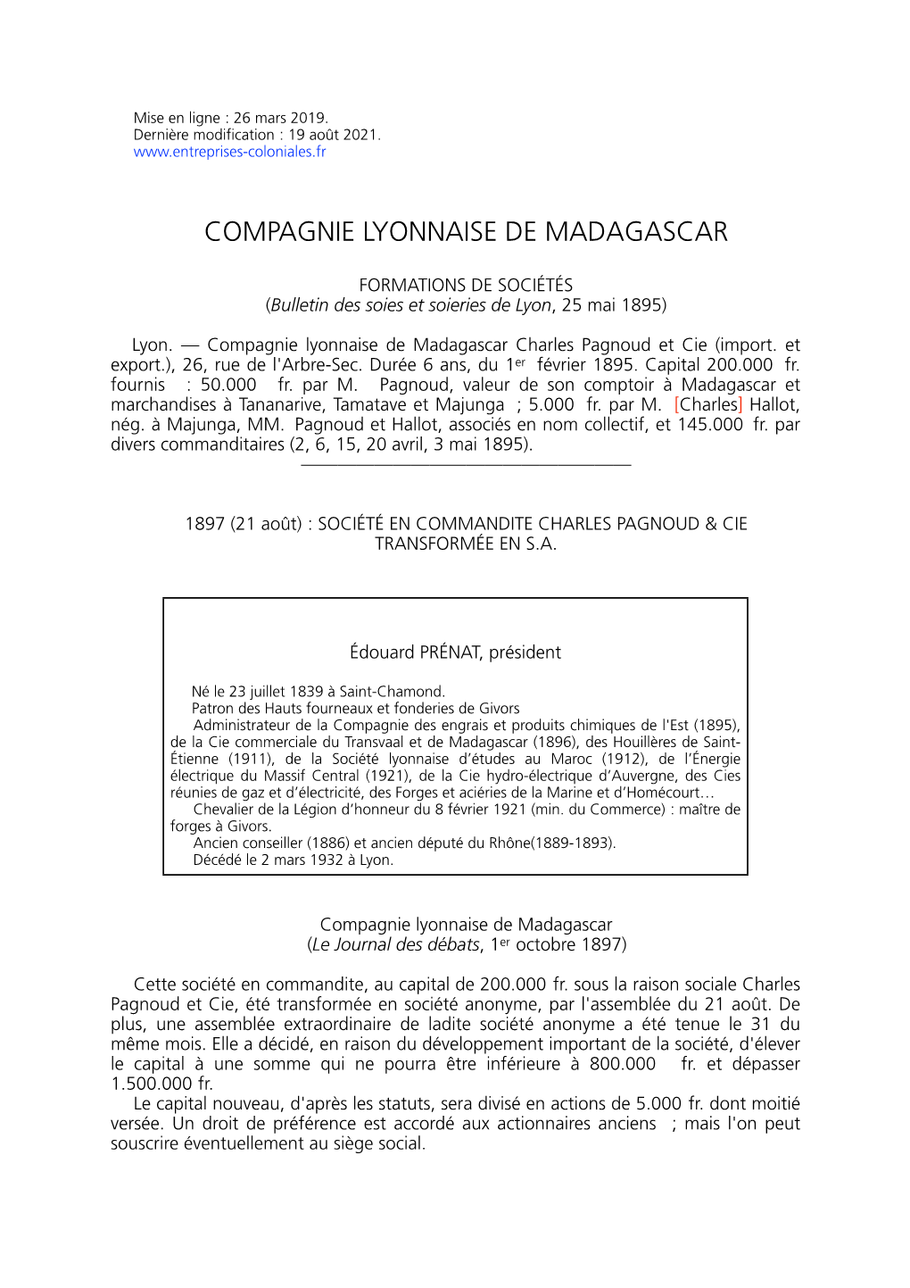 Cie Lyonnaise De Madagascar Ancienne Société En Commandite Ch