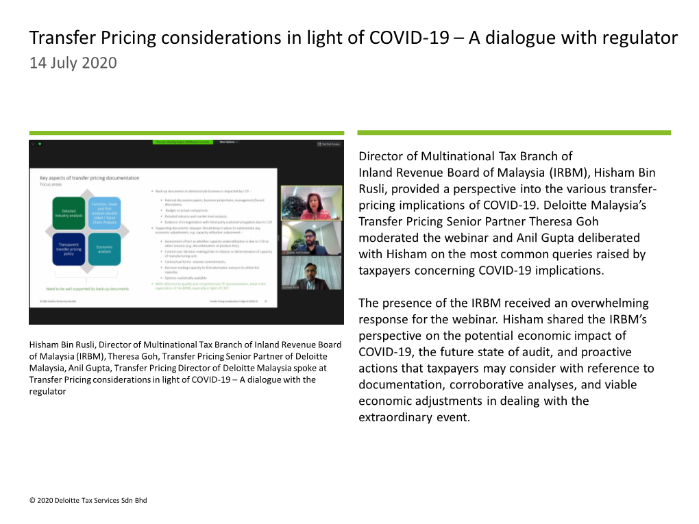 Transfer Pricing Considerations in Light of COVID-19 – a Dialogue with Regulator 14 July 2020