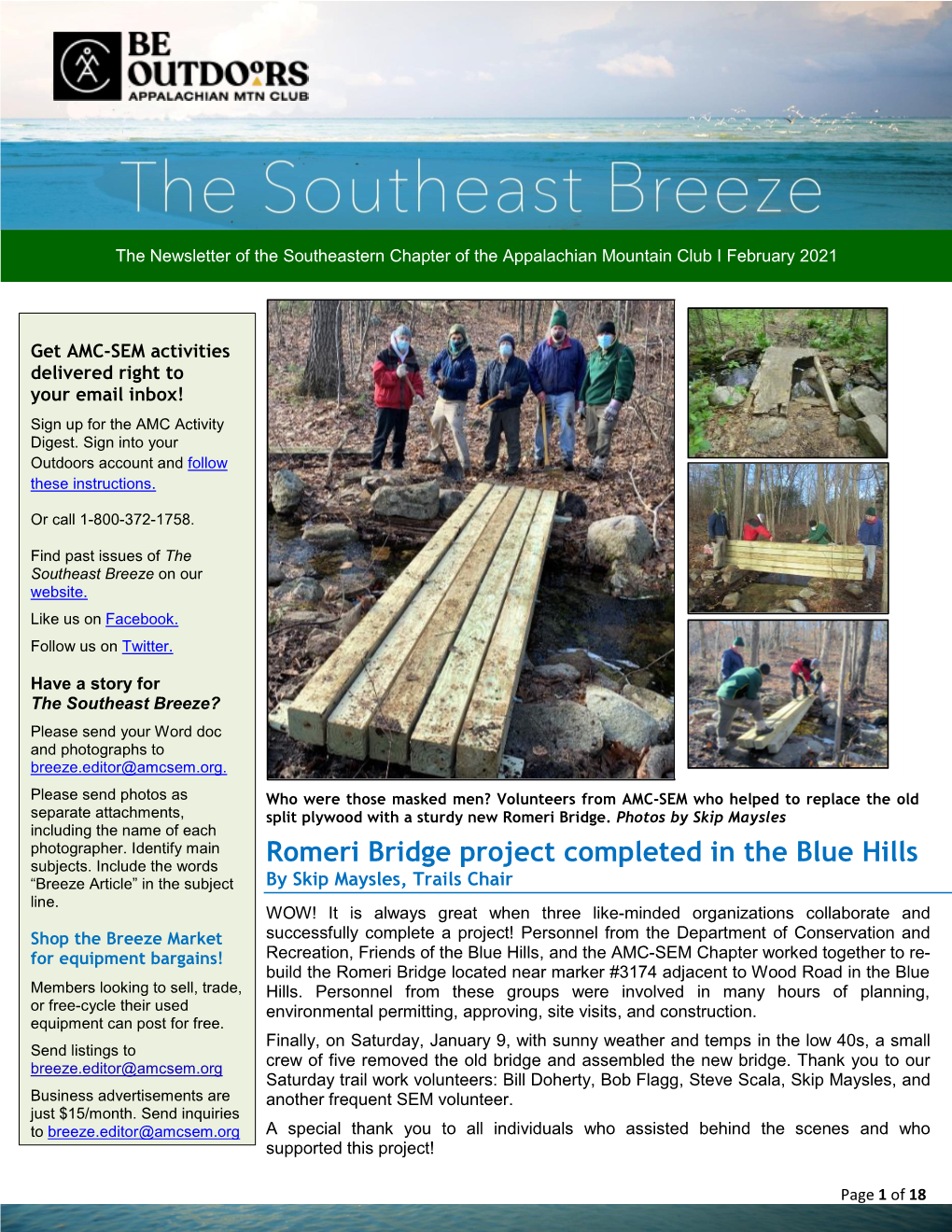 Romeri Bridge Project Completed in the Blue Hills “Breeze Article” in the Subject by Skip Maysles, Trails Chair Line