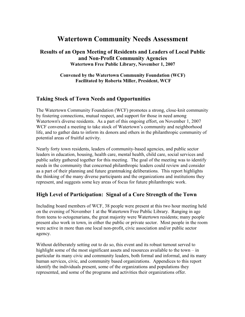 Results of an Open Meeting of Residents and Leaders of Local Public and Non-Profit Community