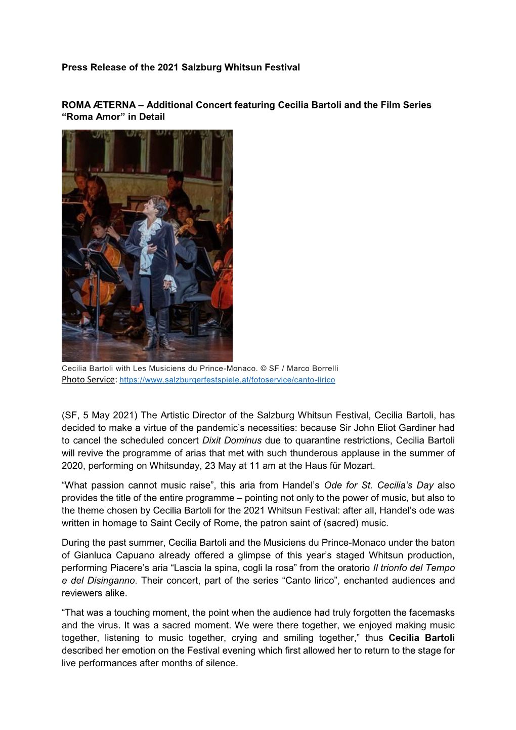 Press Release of the 2021 Salzburg Whitsun Festival ROMA ÆTERNA