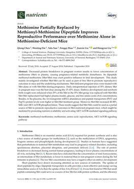 Methionine Partially Replaced by Methionyl-Methionine Dipeptide Improves Reproductive Performance Over Methionine Alone in Methionine-Deﬁcient Mice