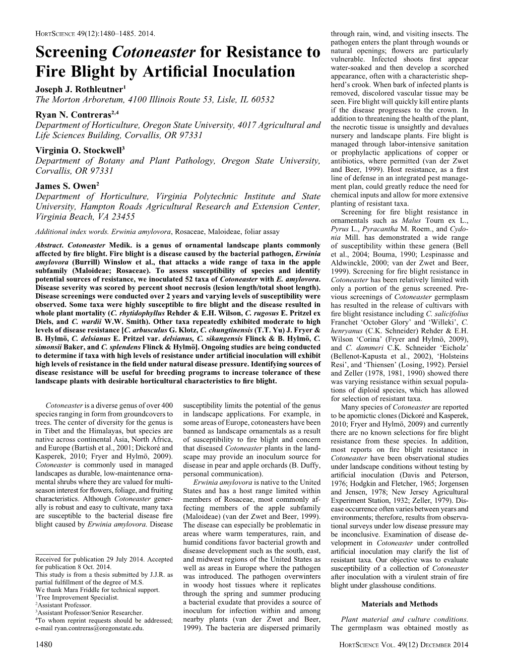 Screening Cotoneaster for Resistance to Fire Blight by Artificial Inoculation