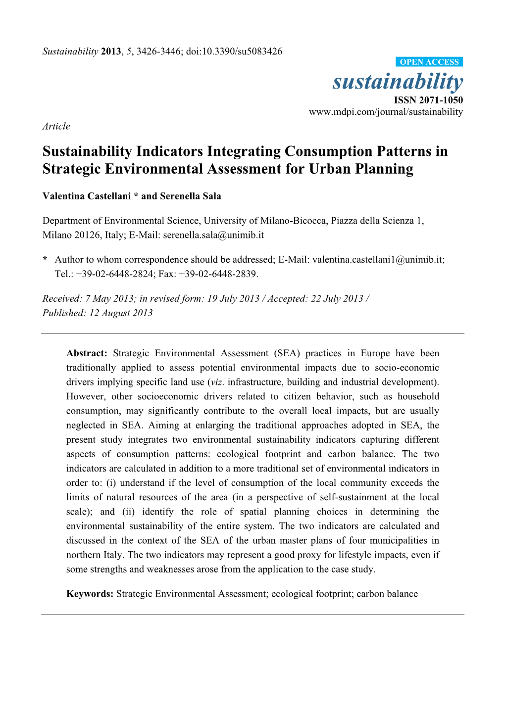 Sustainability Indicators Integrating Consumption Patterns in Strategic Environmental Assessment for Urban Planning