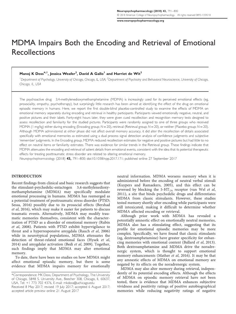 MDMA Impairs Both the Encoding and Retrieval of Emotional Recollections