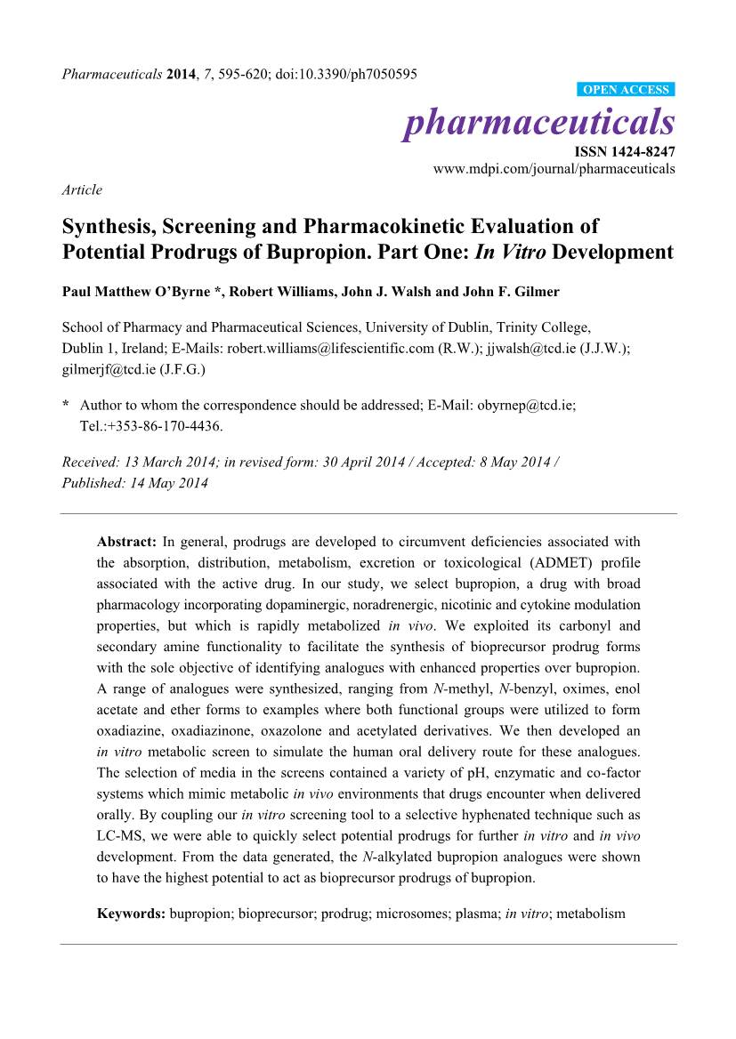 Synthesis, Screening and Pharmacokinetic Evaluation of Potential Prodrugs of Bupropion