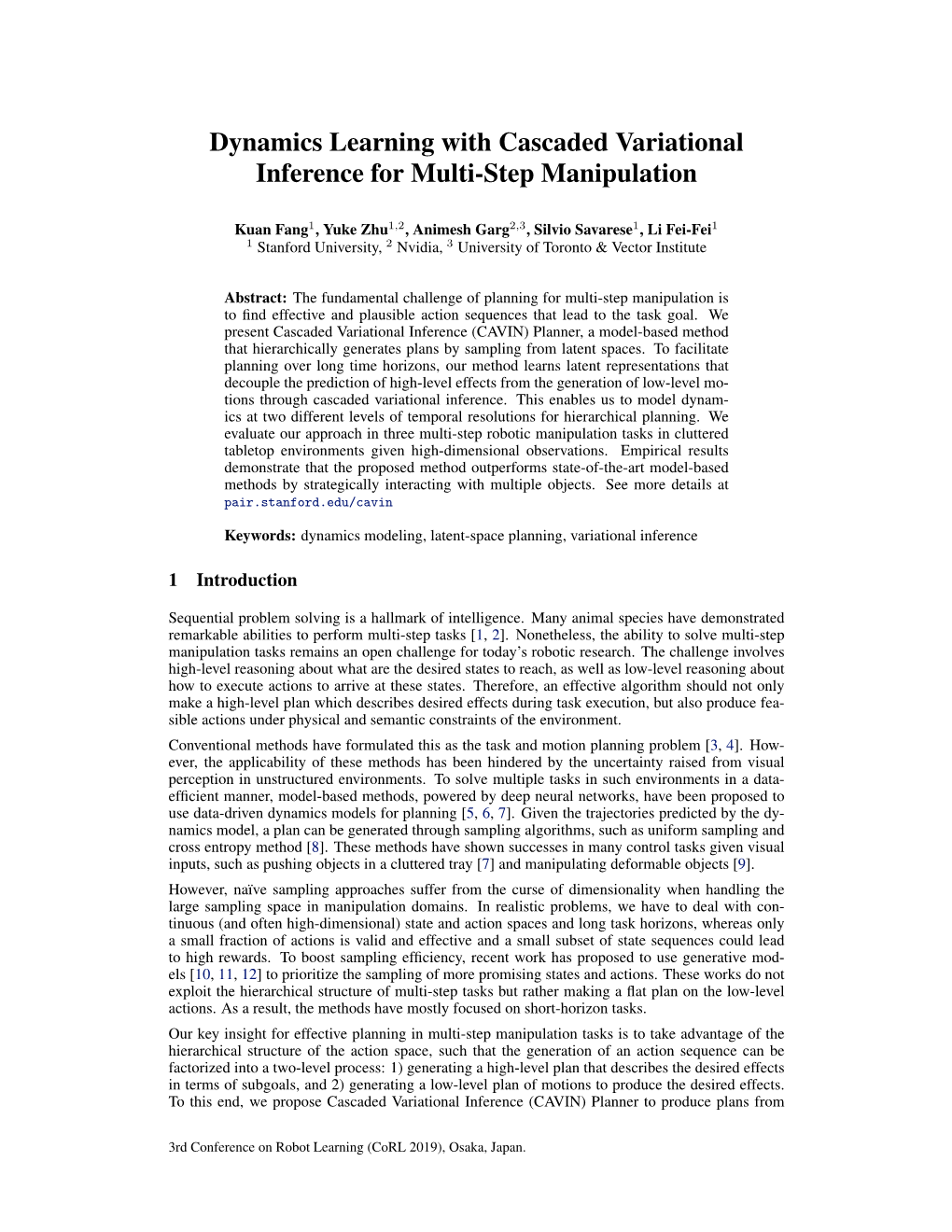 Dynamics Learning with Cascaded Variational Inference for Multi-Step Manipulation