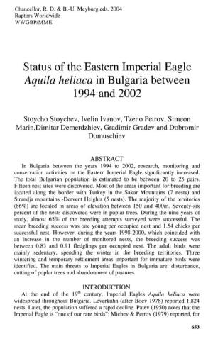 Status of the Eastern Imperial Eagle Aquila Heliaca in Bulgaria Between