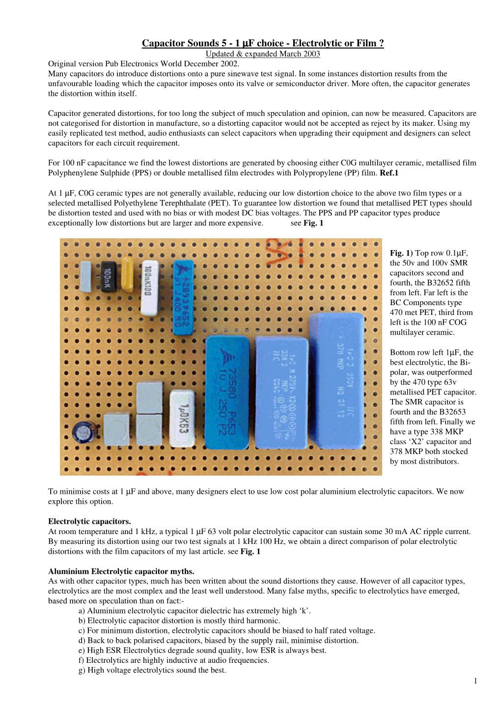 Capacitor Sounds 5 - 1 Μf Choice - Electrolytic Or Film ? Updated & Expanded March 2003 Original Version Pub Electronics World December 2002