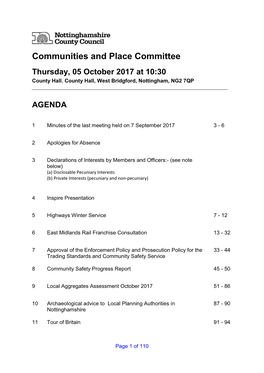Communities and Place Committee Thursday, 05 October 2017 at 10:30 County Hall, County Hall, West Bridgford, Nottingham, NG2 7QP