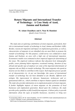 Return Migrants and International Transfer of Technology: a Case Study of Azad, Jammu and Kashmir
