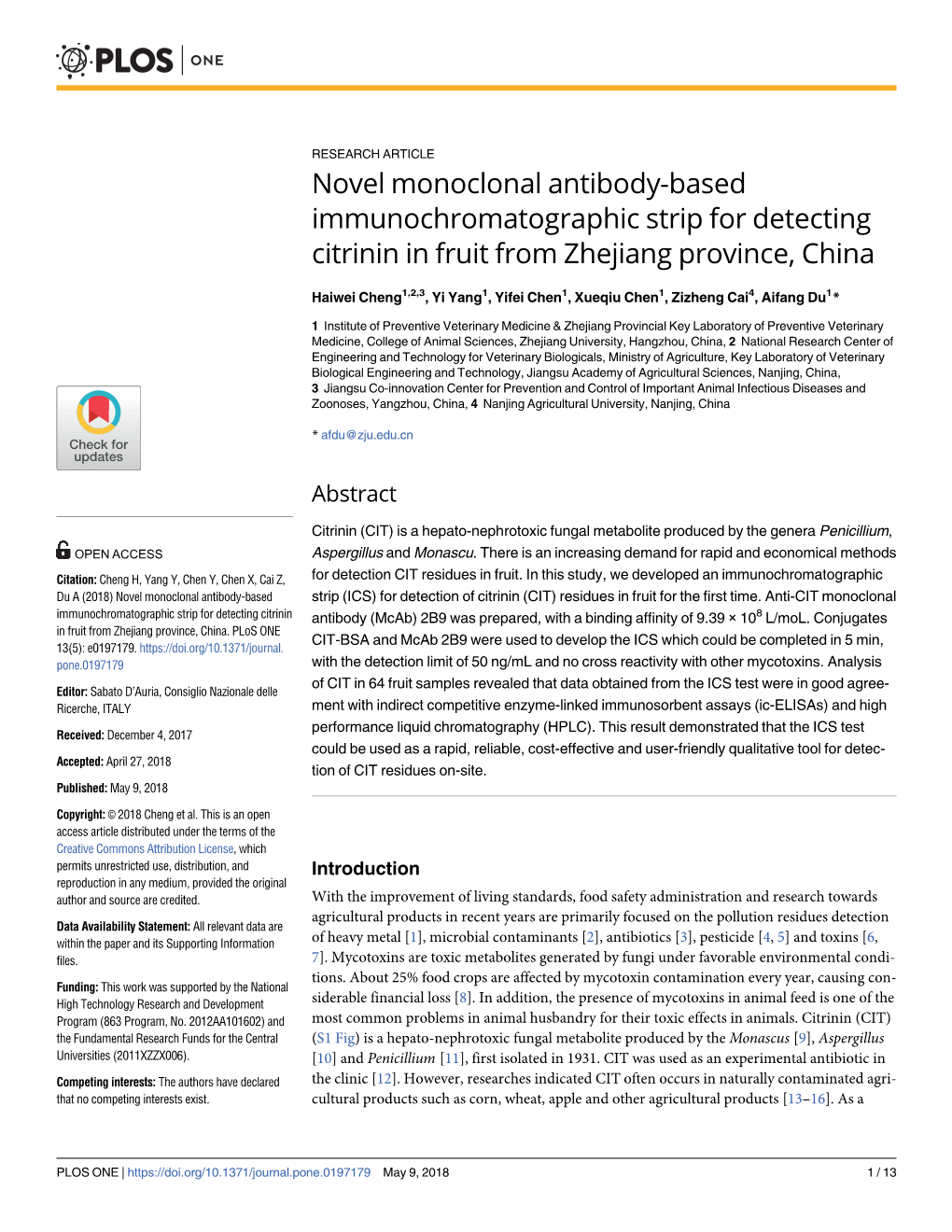 Novel Monoclonal Antibody-Based Immunochromatographic Strip for Detecting Citrinin in Fruit from Zhejiang Province, China