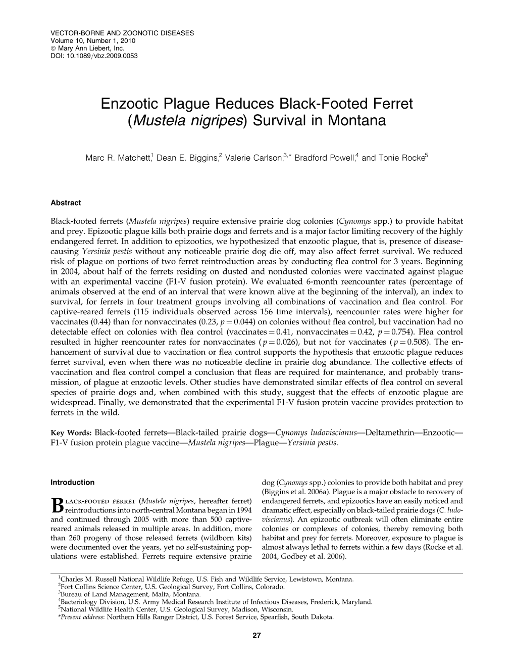 Enzootic Plague Reduces Black-Footed Ferret (Mustela Nigripes) Survival in Montana