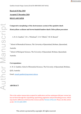 Comparative Morphology of the Electrosensory System of the Epaulette Shark