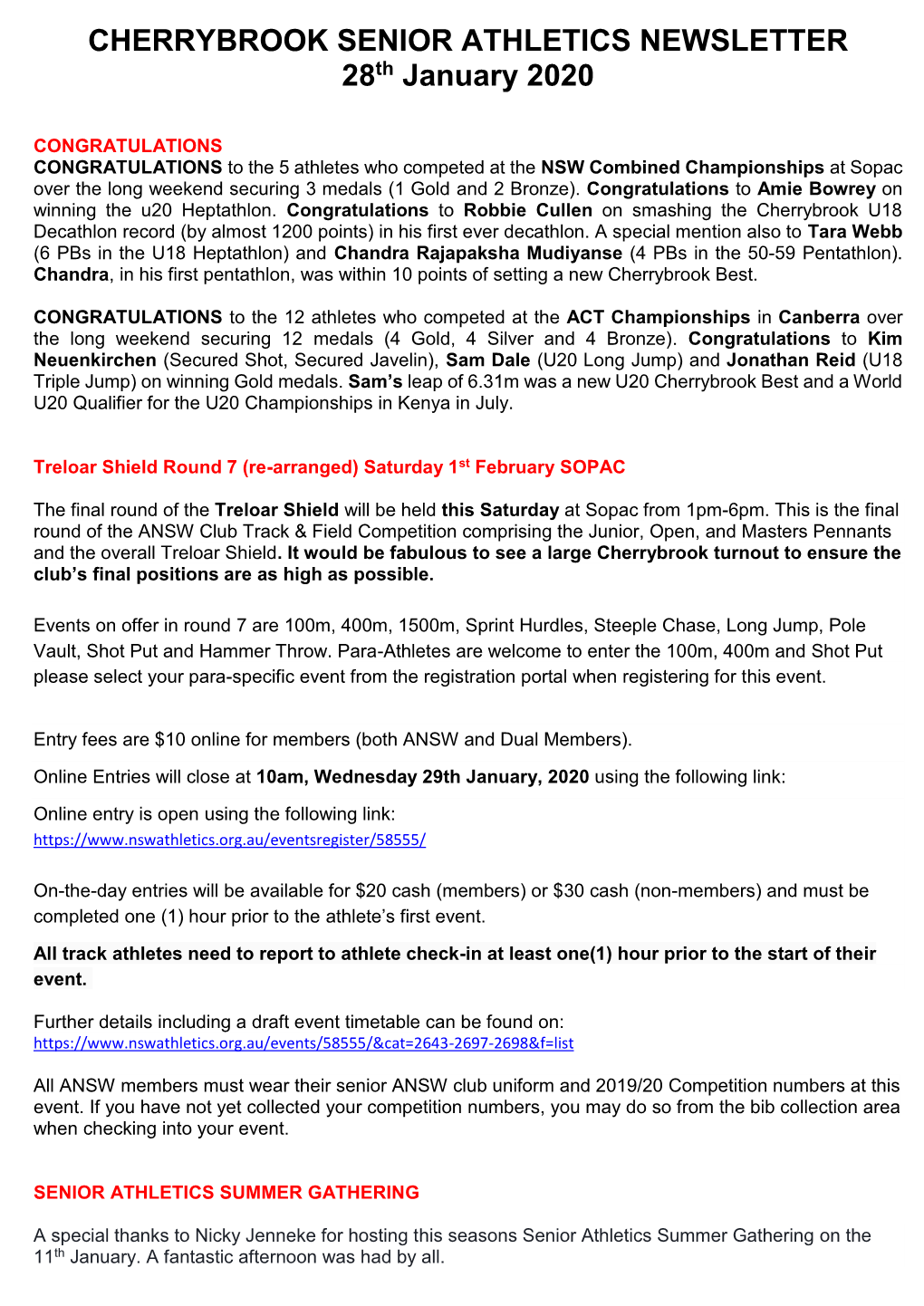 CHERRYBROOK SENIOR ATHLETICS NEWSLETTER 28Th January 2020