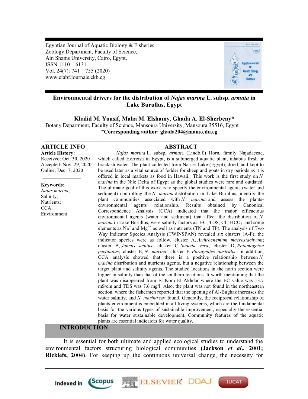 Environmental Drivers for the Distribution of Najas Marina L