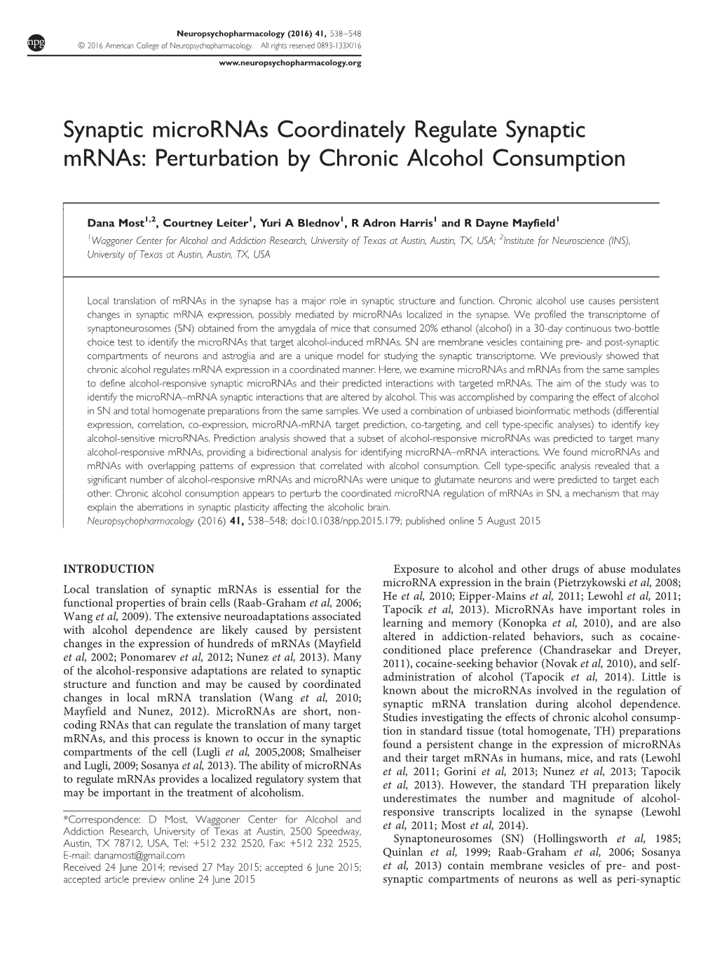 Synaptic Micrornas Coordinately Regulate Synaptic Mrnas: Perturbation by Chronic Alcohol Consumption