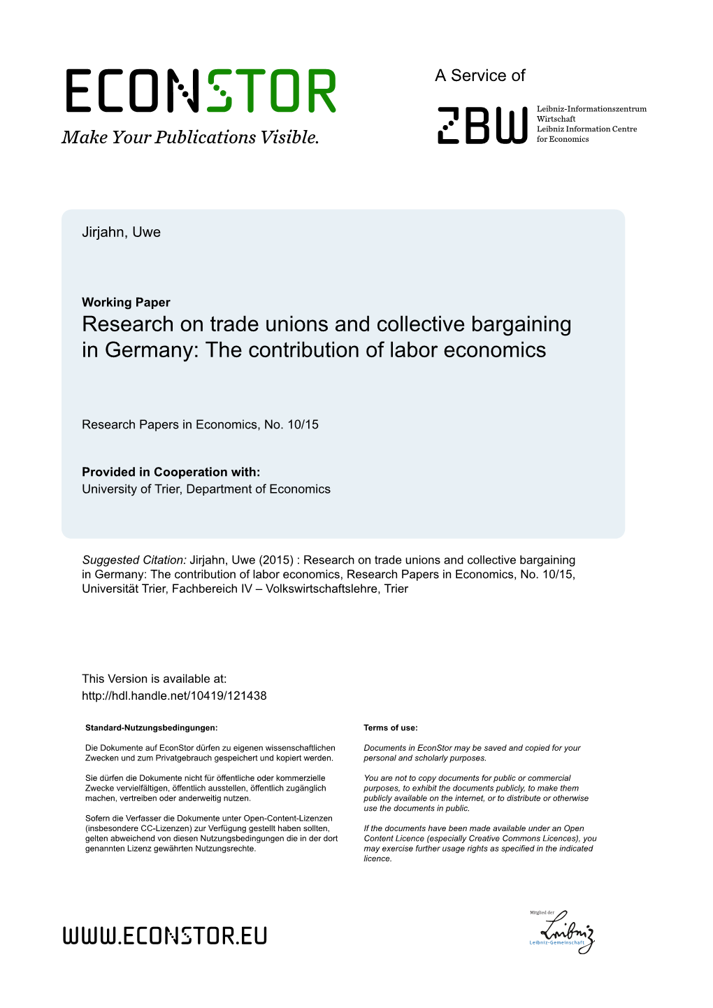 Research on Trade Unions and Collective Bargaining in Germany: the Contribution of Labor Economics