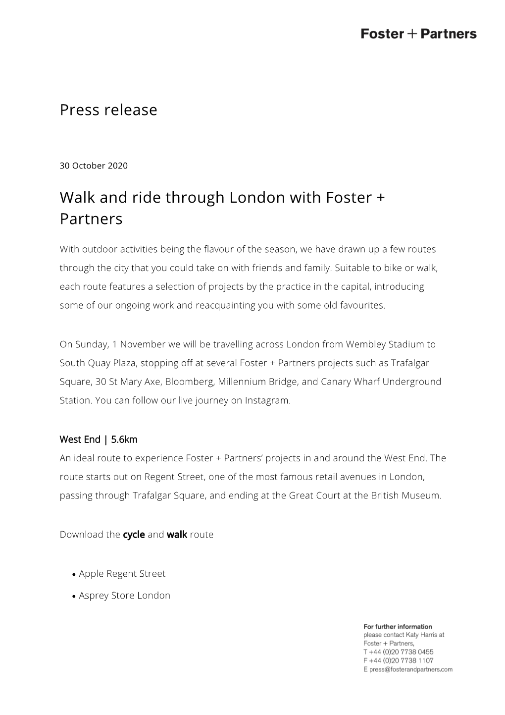 Press Release Walk and Ride Through London with Foster + Partners