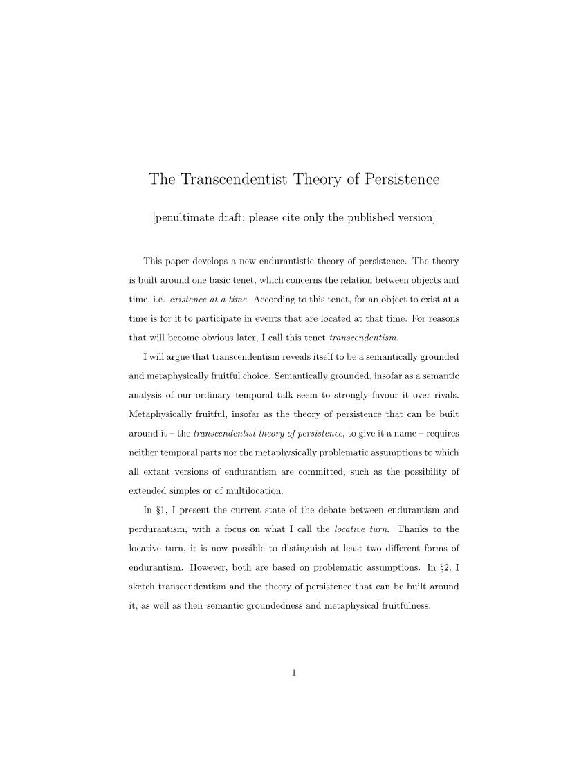The Transcendentist Theory of Persistence