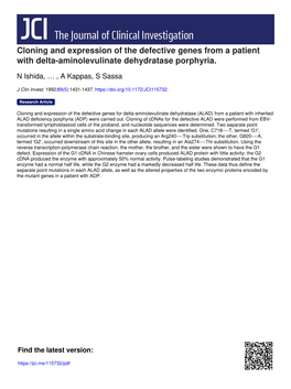 Cloning and Expression of the Defective Genes from a Patient with Delta-Aminolevulinate Dehydratase Porphyria