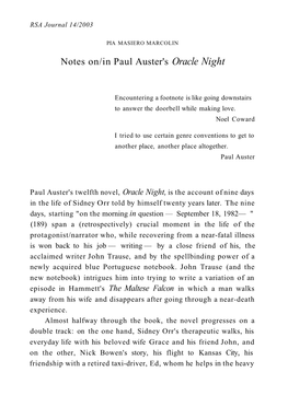 Notes On/In Paul Auster's Oracle Night