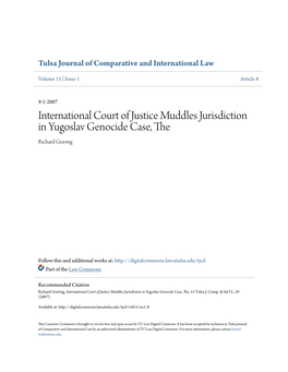 International Court of Justice Muddles Jurisdiction in Yugoslav Genocide Case, the Richard Graving