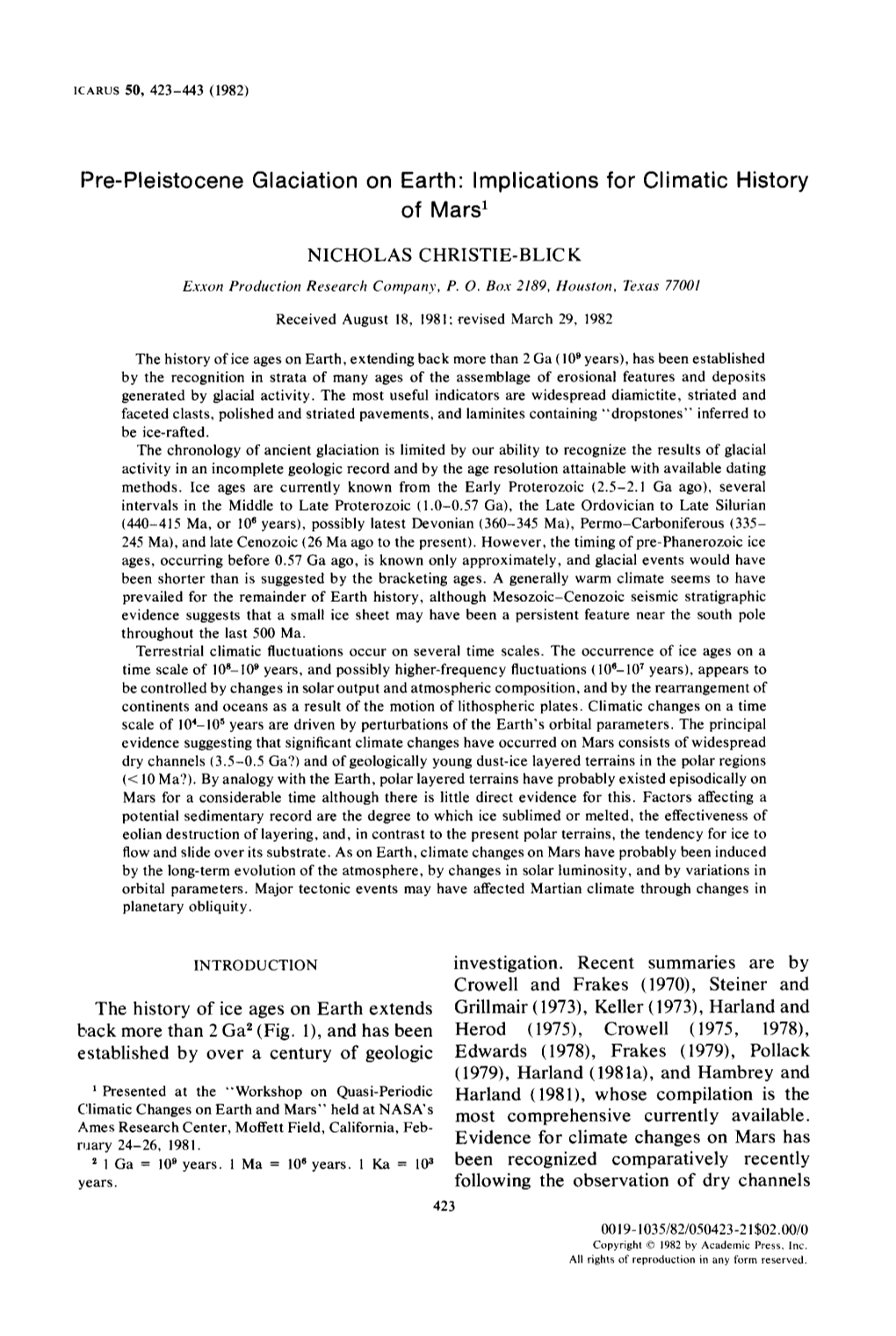 Pre-Pleistocene Glaciation on Earth" Implications for Climatic History of Mars I