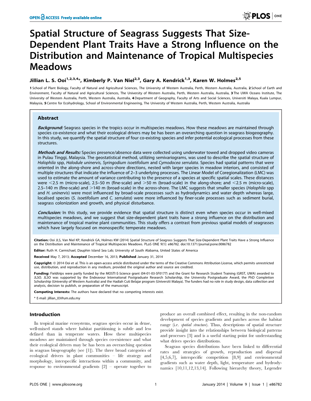 Spatial Structure of Seagrass Suggests That Size- Dependent Plant Traits Have a Strong Influence on the Distribution and Maintenance of Tropical Multispecies Meadows