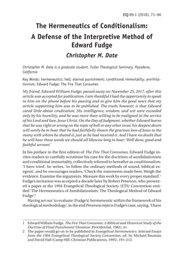 The Hermeneutics of Conditionalism: a Defense of the Interpretive Method of Edward Fudge Christopher M