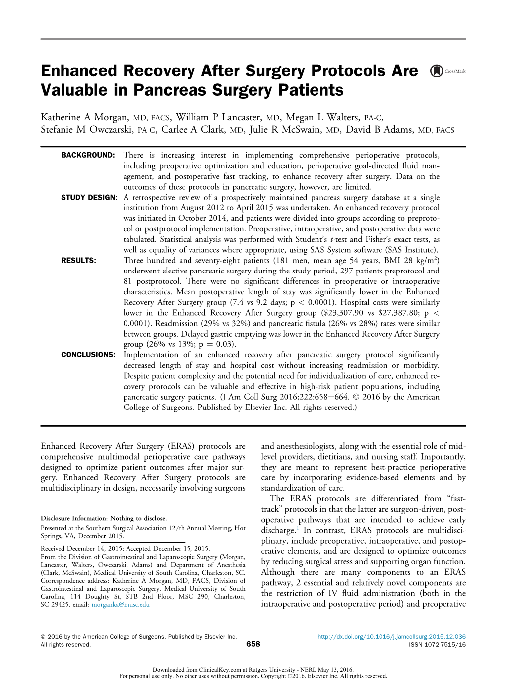 Enhanced Recovery After Surgery Protocols Are Valuable in Pancreas Surgery Patients