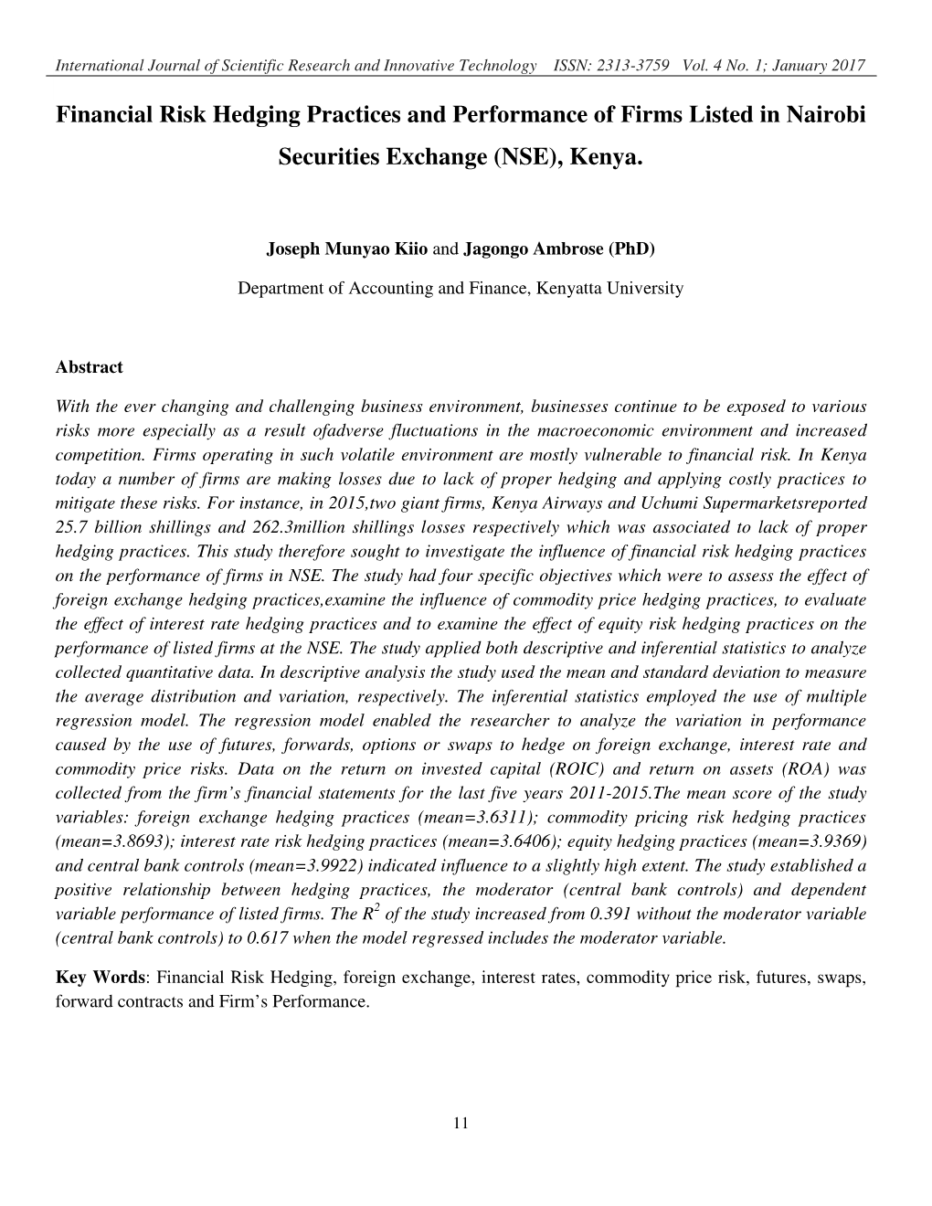 Financial Risk Hedging Practices and Performance of Firms Listed in Nairobi Securities Exchange (NSE), Kenya