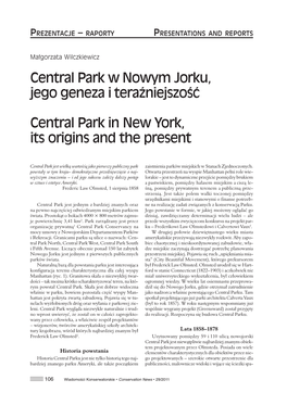 Central Park W Nowym Jorku, Jego Geneza I Teraźniejszość Central