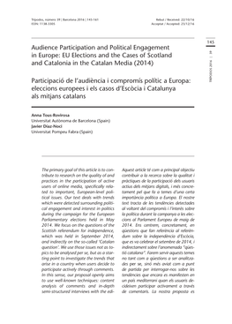 Audience Participation and Political Engagement in Europe: EU Elections and the Cases of Scotland and Catalonia in the Catalan Media (2014)