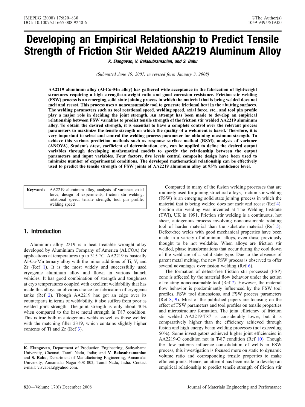 Developing an Empirical Relationship to Predict Tensile Strength of Friction Stir Welded AA2219 Aluminum Alloy K