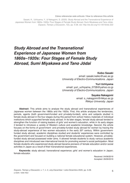 Study Abroad and the Transnational Experience of Japanese Women from 1860S–1920S: Four Stages of Female Study Abroad, Sumi Miyakawa and Tano Jōdai