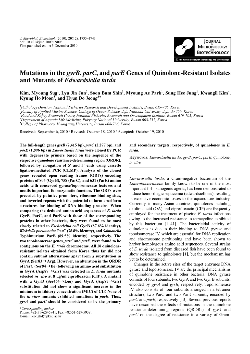 Mutations in the Gyrb, Parc, and Pare Genes of Quinolone-Resistant Isolates and Mutants of Edwardsiella Tarda